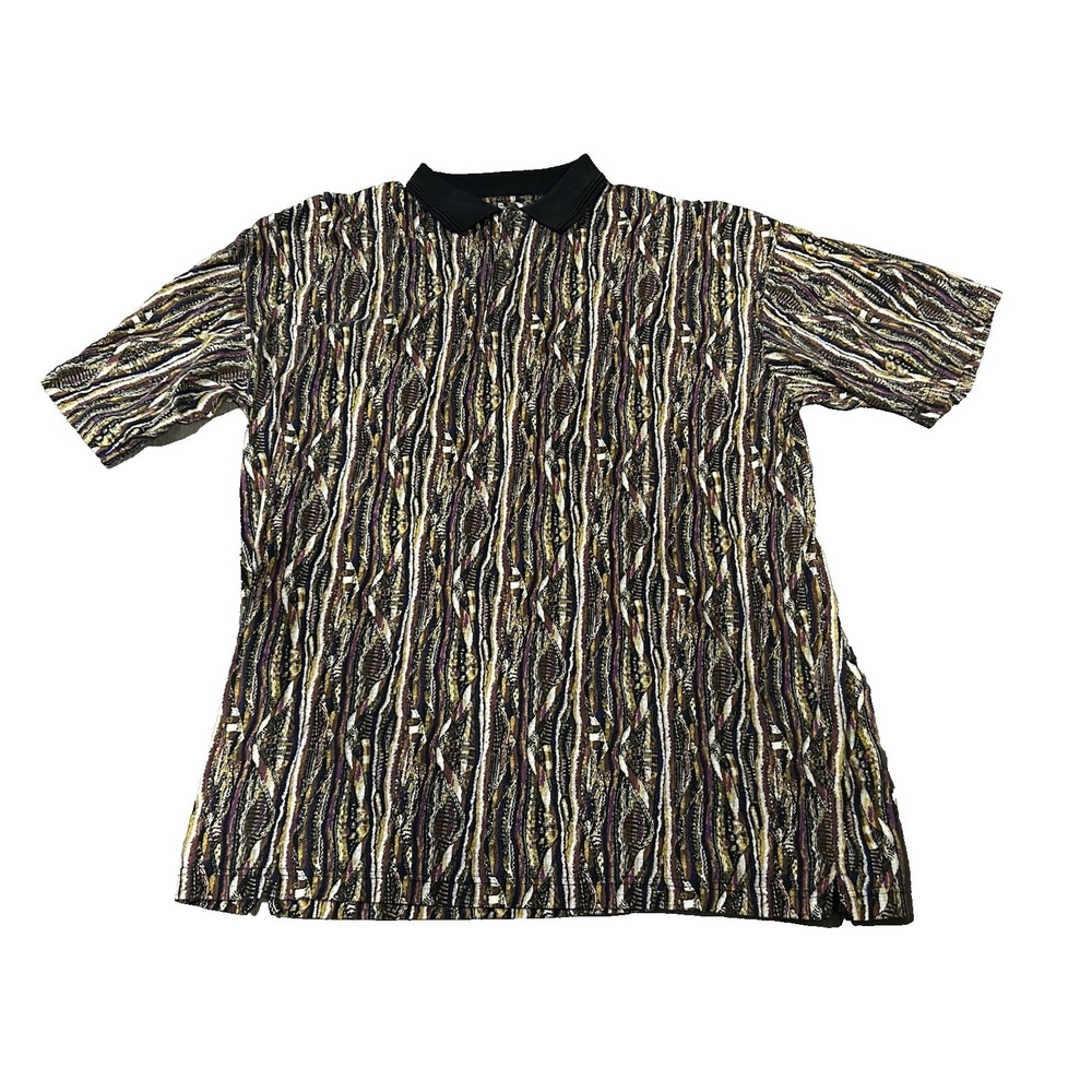 Vintage 90s Men's Tundra Canada Cotton Coogi Patterned Polo Shirt XL Collar Fade